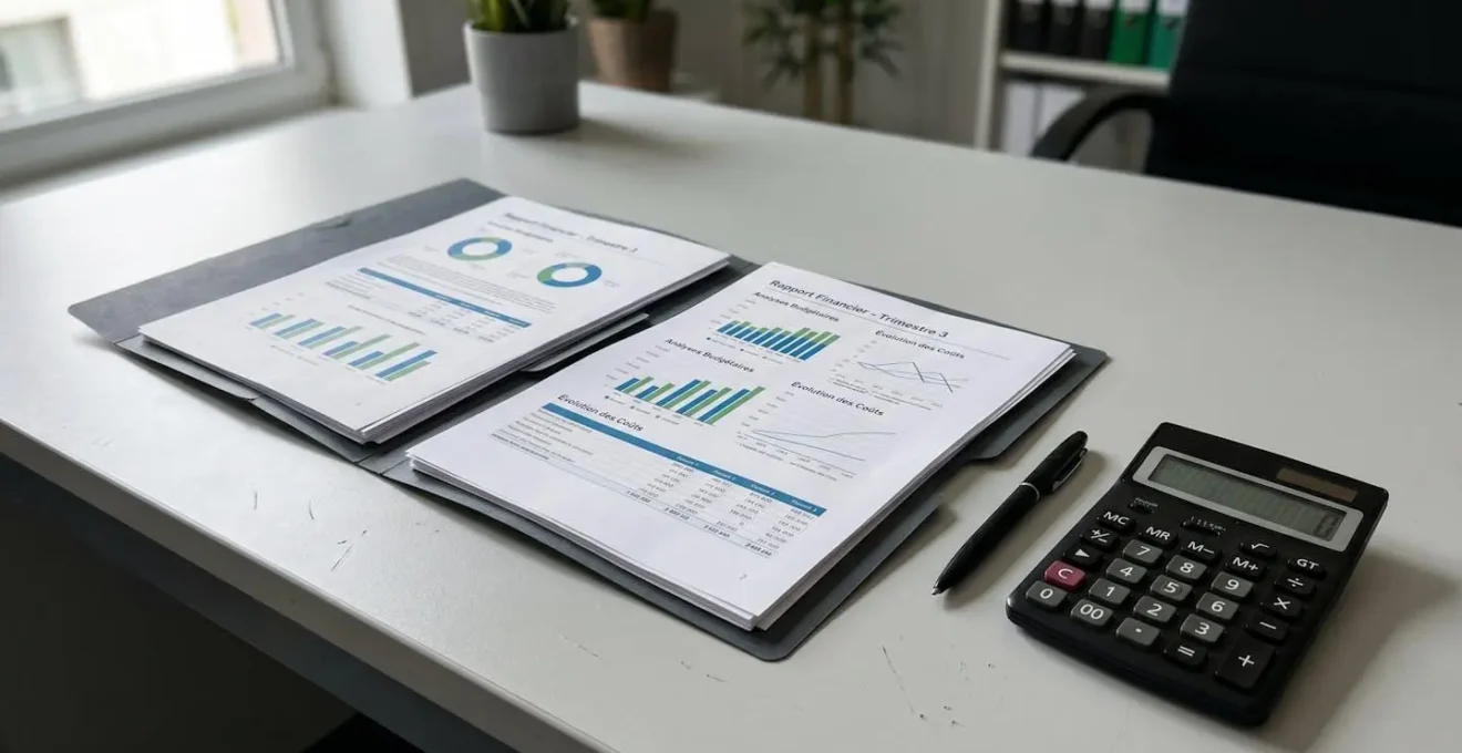 Bureau organisé avec documents financiers distincts dans deux dossiers séparés et une calculatrice, éclairage naturel latéral