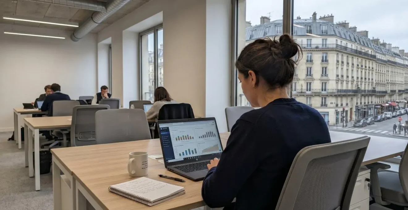 Personne de dos consultant des documents financiers et un ordinateur portable affichant des graphiques d'investissement sur un bureau en bois contemporain