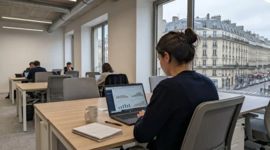 Personne de dos consultant des documents financiers et un ordinateur portable affichant des graphiques d'investissement sur un bureau en bois contemporain