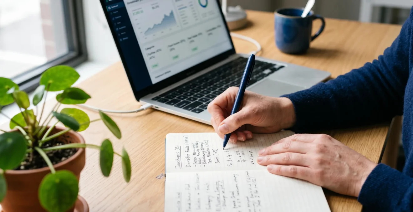 Gros plan sur des mains prenant des notes dans un carnet à côté d'un ordinateur portable affichant une interface d'investissement floue.