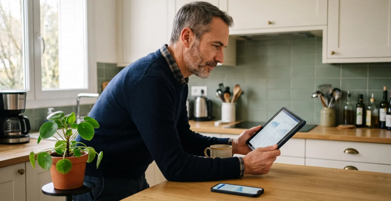 Un homme debout dans sa cuisine consulte son portefeuille d'assurance vie sur une tablette, un smartphone posé sur le plan de travail.