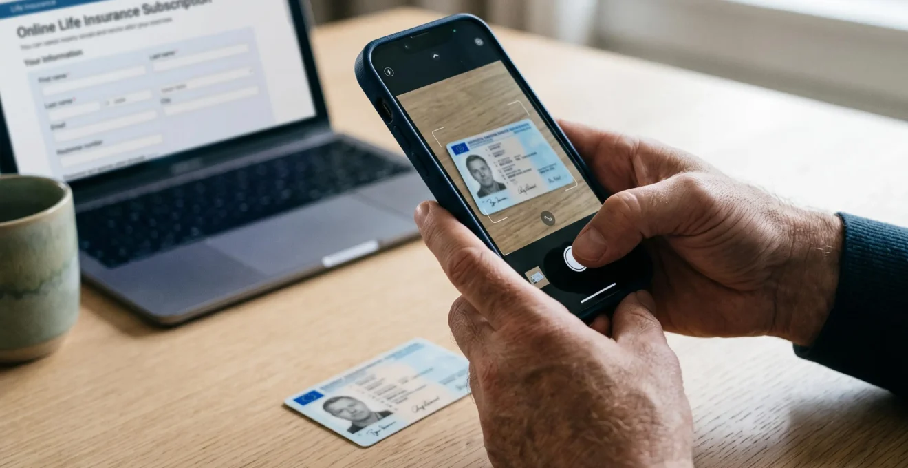 Gros plan sur des mains utilisant un smartphone pour photographier une carte d'identité posée sur une table, lors d'une souscription en ligne.