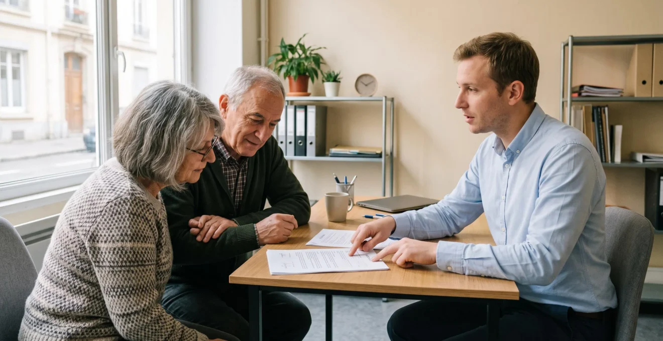 Un conseiller examine un contrat d'assurance vie avec un couple dans un bureau.