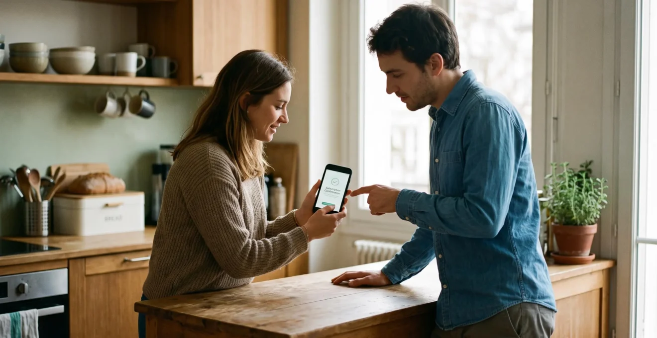 Un couple vérifie la confirmation de souscription d'un contrat sur un smartphone.