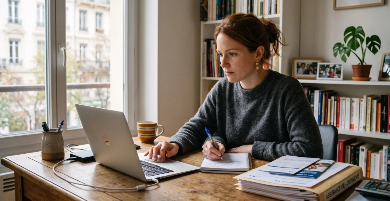 Une femme compare des contrats d'assurance vie sur son ordinateur portable à domicile.