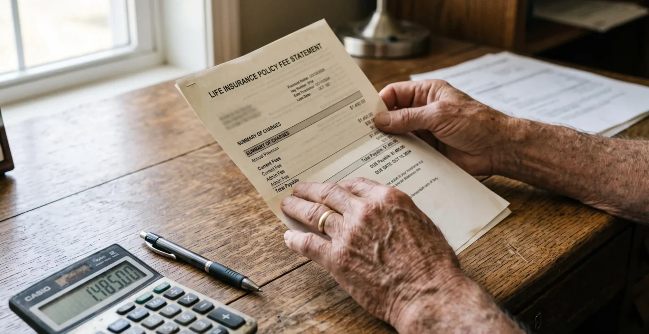 Des mains examinent un relevé de frais d'un contrat d'assurance vie sur un bureau.